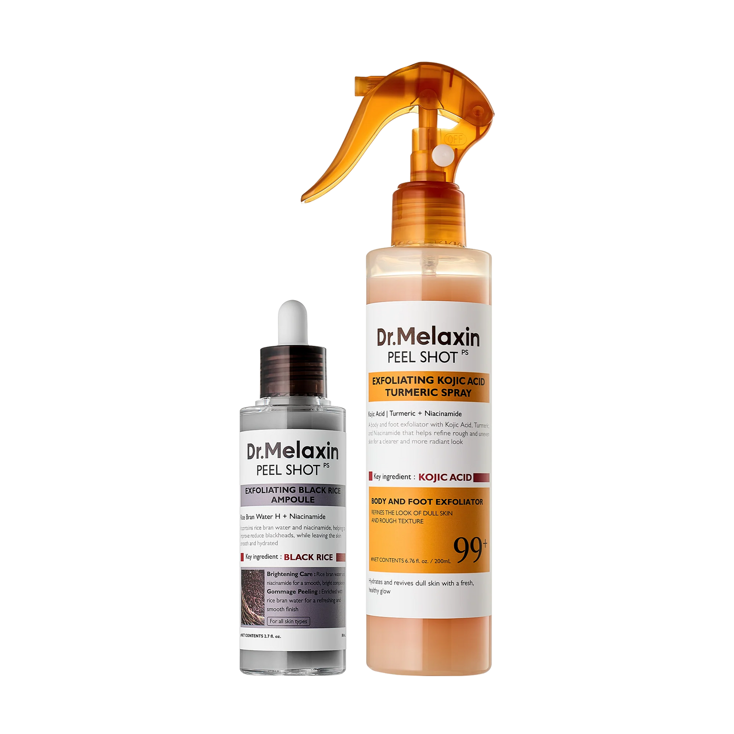 Dr.Melaxin body & face peelshot duo glow black ricepeeling ampoule kojic acid &turmeric spray