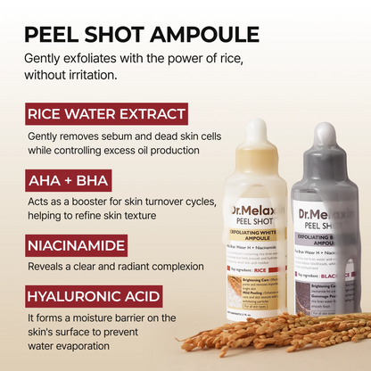 Dr.Melaxin body & face peelshot duo glow black ricepeeling ampoule kojic acid &turmeric spray
